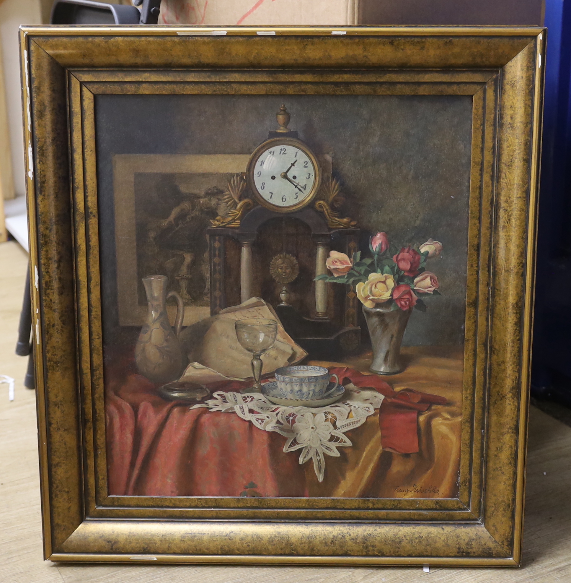 Franz Krischke (Austrian, 1885-1960), oil on board, Still life of flowers, vessels and mantel clock, signed, 54 x 49cm